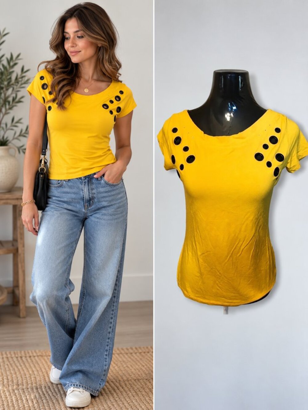 Oxygen Yellow Ring Cutout Top Short Sleeve Fitted Y2K Boho Edgy 2